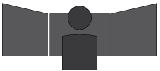 A simple icon of a person in front of an open book or three-panel background, depicted using geometric shapes in dark gray on a white background.
